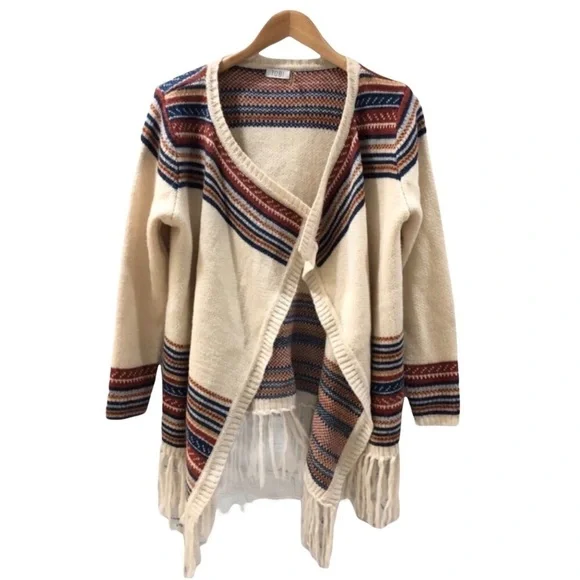 TOBI Annie Fringe Cardigan Drape Front Sweater Ivory Stripe Size M/L LV6291 - Picture 3 of 8